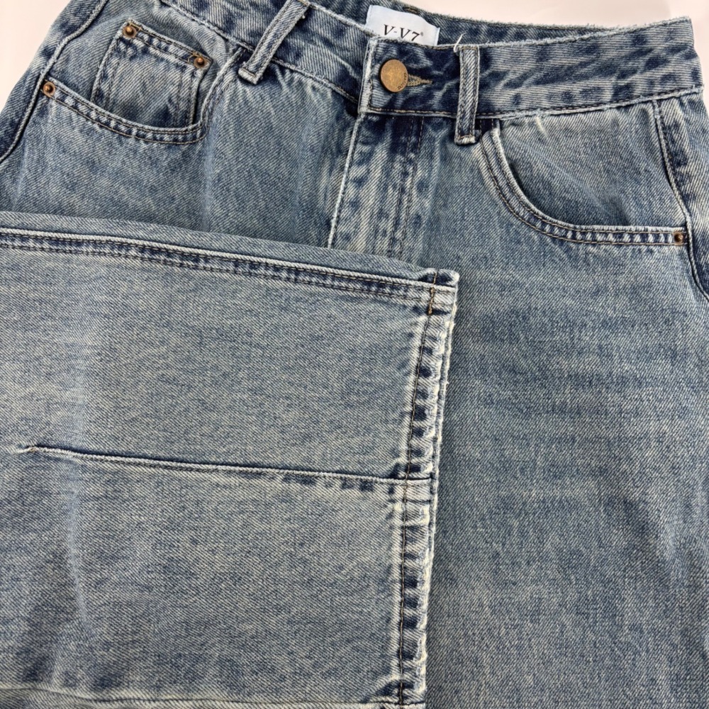 V-V7 Wide Leg Jeans Womens 27 Blue Flare High Rise Raw Waist Front‎ Seam